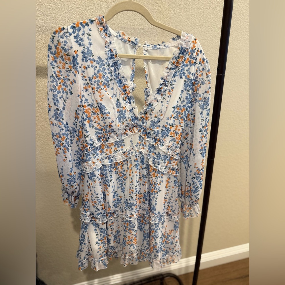 Floral Ruffle Dress with Blue and Orange Accents